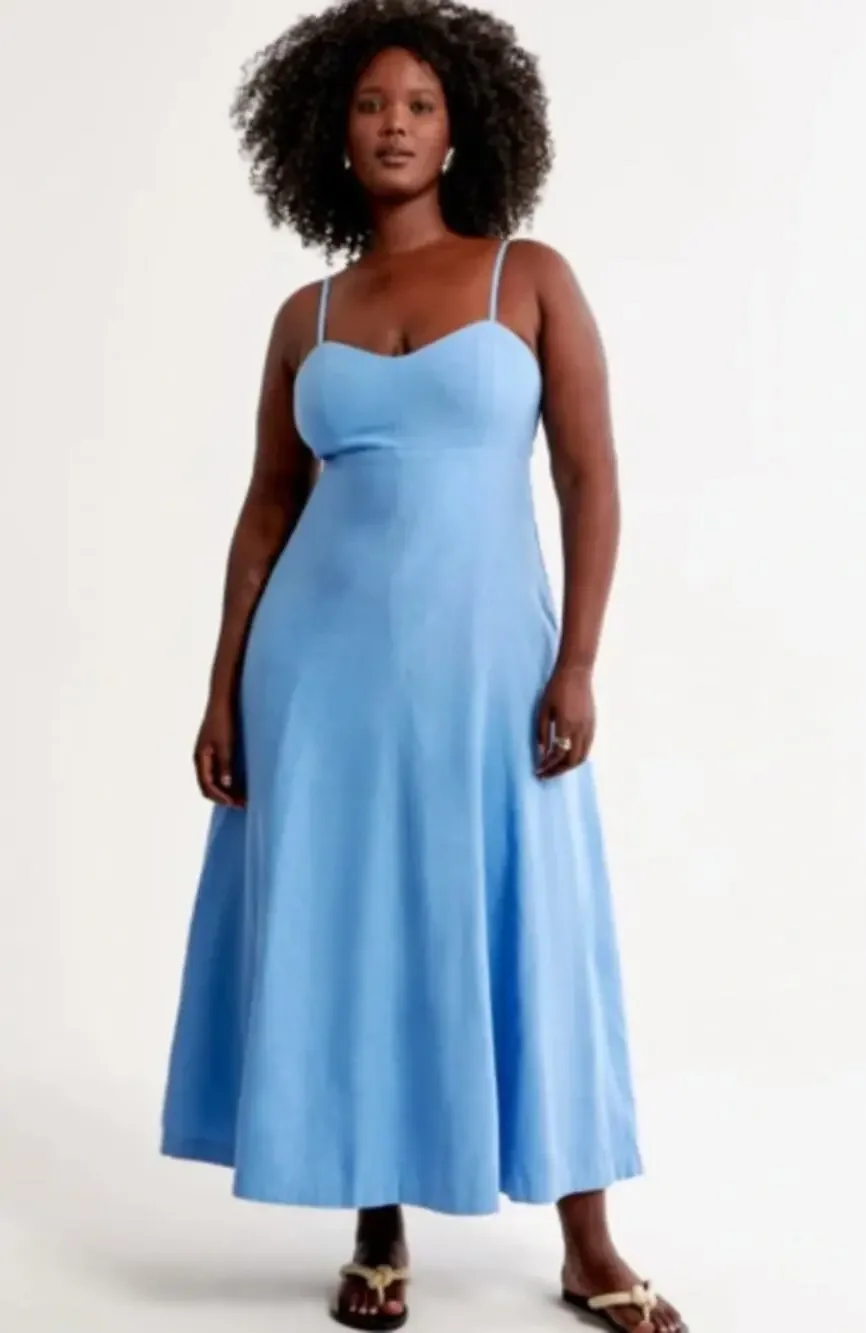 ABERCROMBIE & FITCH Linen Sweetheart Midi Dress Coastal Blue Sz XL NWT $110 H44